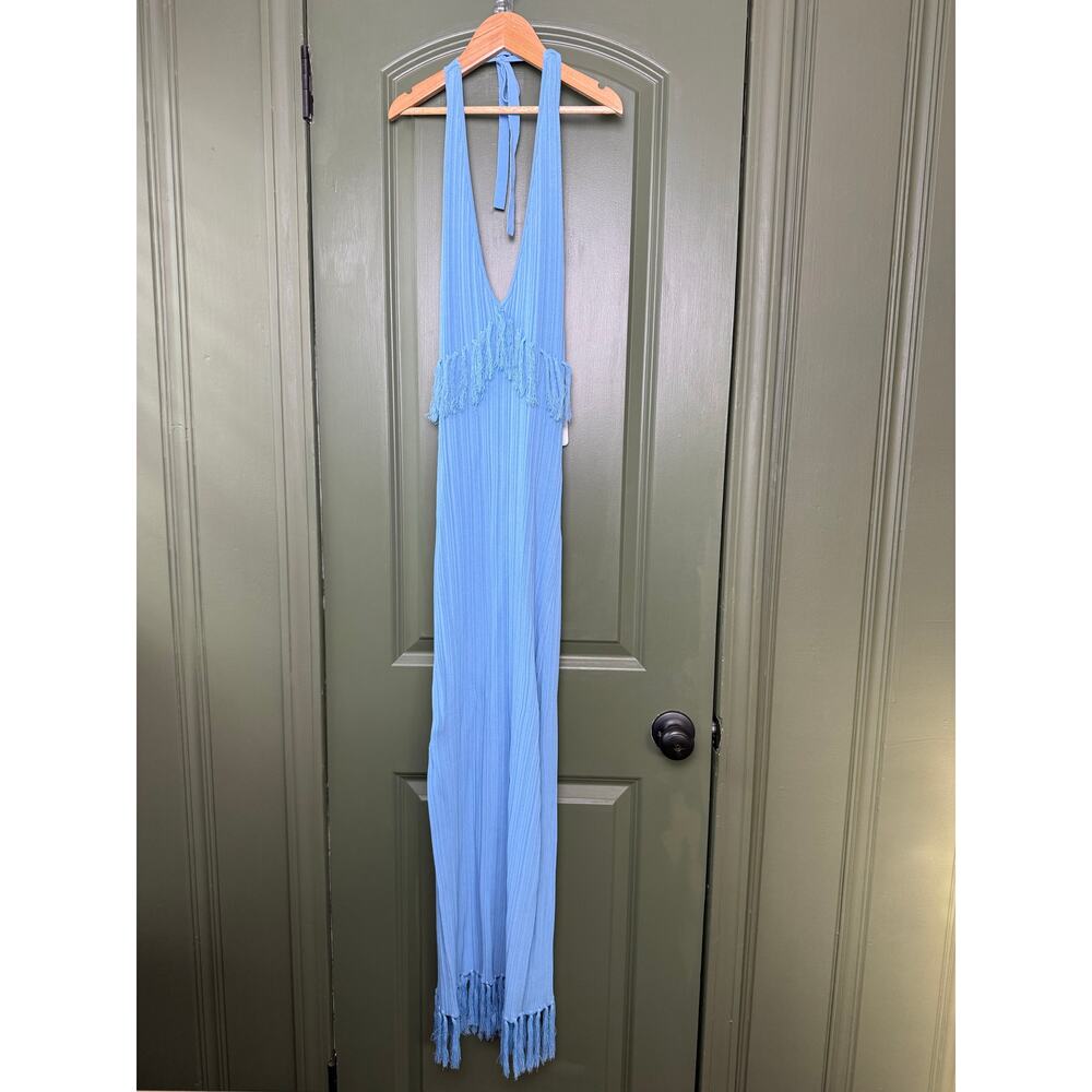 NWT Saylor Lumira Pleat Knit Fringe Midi Boho Resort Dress Cornflower Blue Small